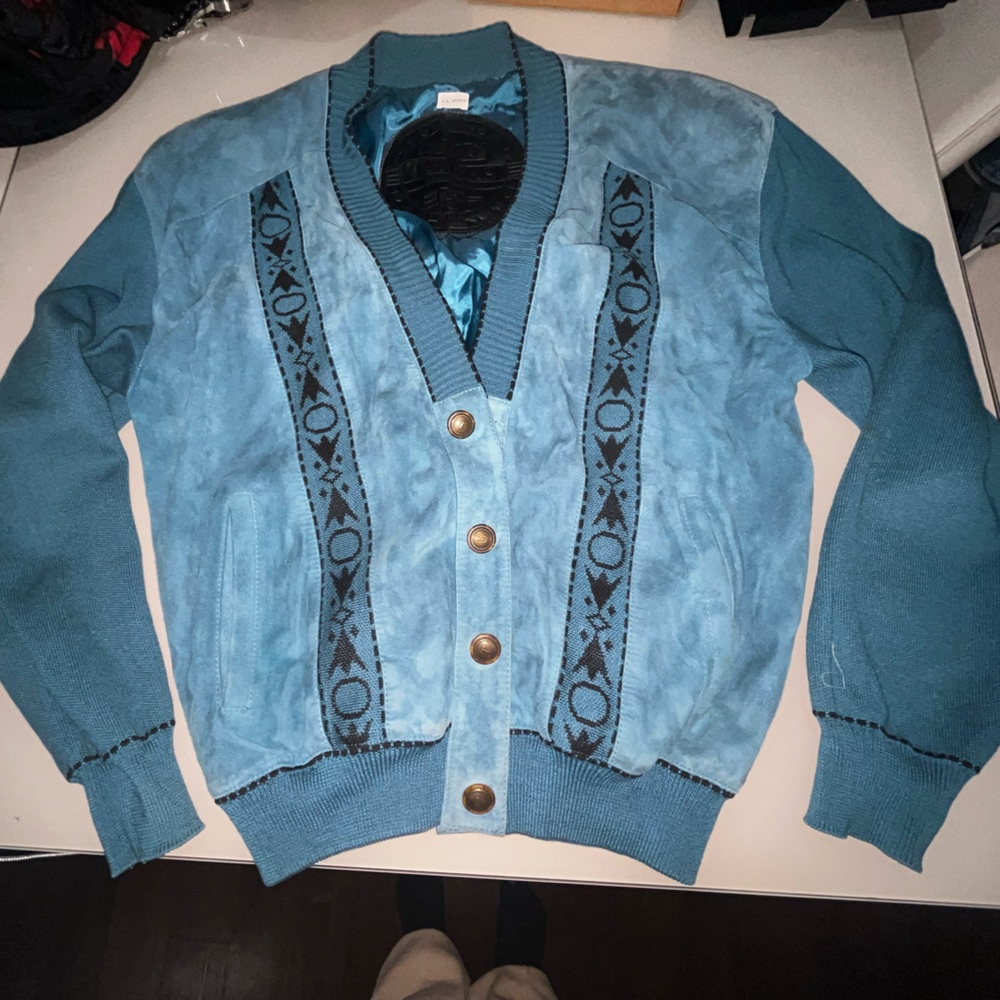 Vintage suede blue cardigan Jacket with Patterned Trim